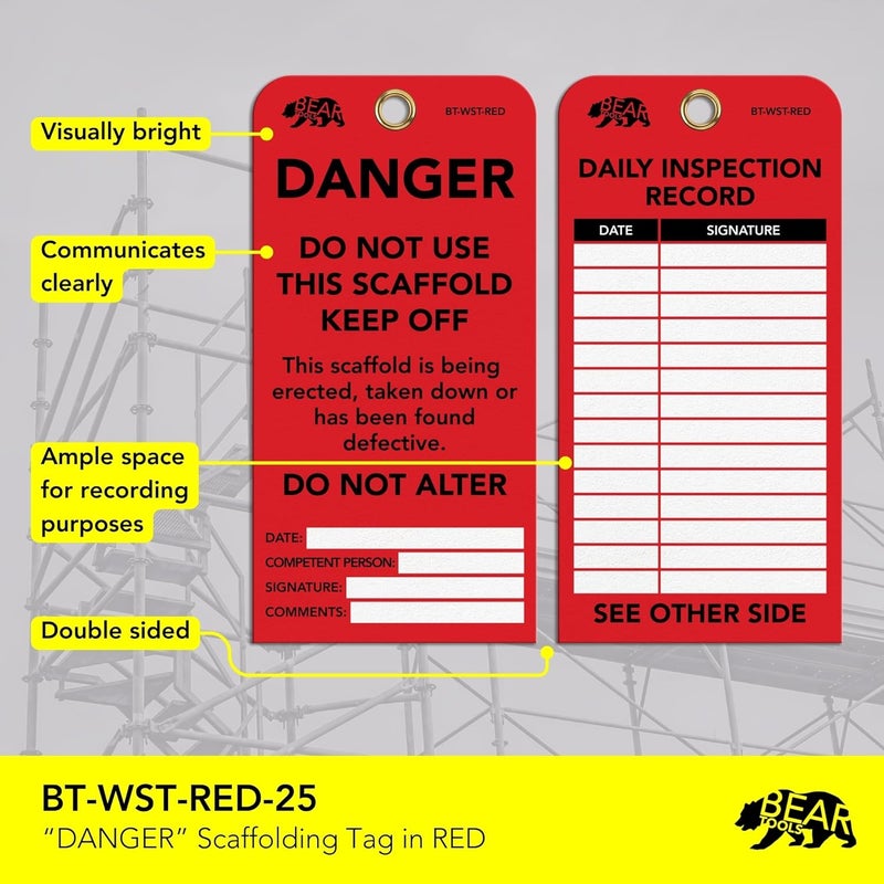 BearTOOLS Scaffold Tags - Safety Inspection Kit with Cable Ties - Danger Scaffold Status Warning Sign - Laminated 3 x 6 in, Pack of 25 - Weatherproof, Tear-Resistant - Red Tags - Image 3